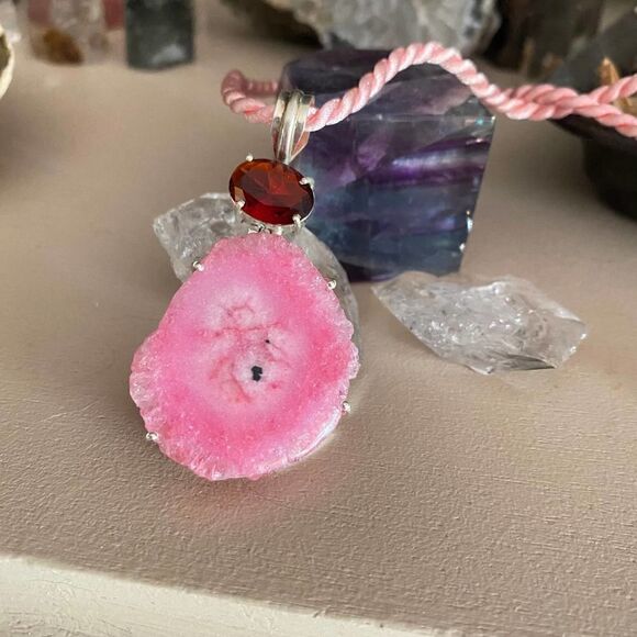 Solar Quartz Druzy & Garnet Ethnic Sterling Silver Pendant Necklace - Picture 3 of 8